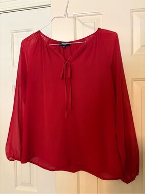 Premise Red Tie-Neck Sheer Long-Sleeve Blouse